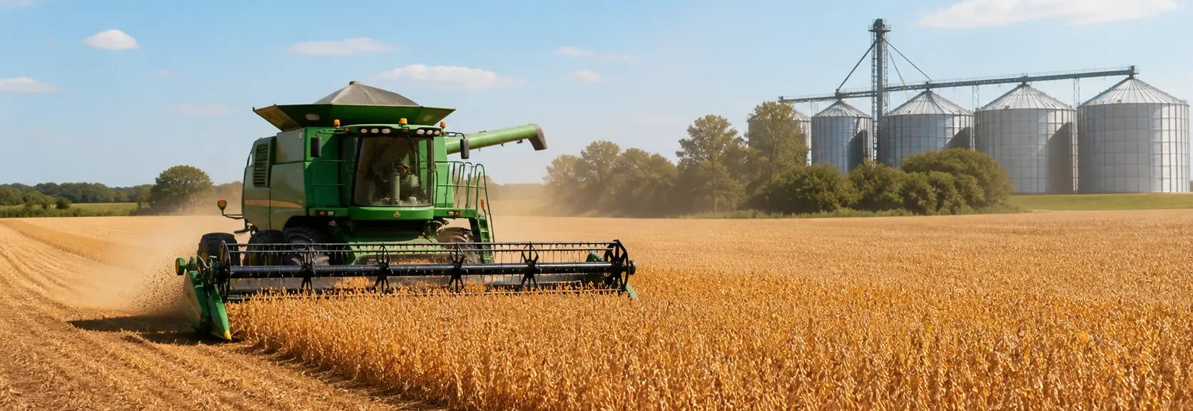 Colheitadeira em lavoura madura, com bateria de silos de armazenagem ao fundo