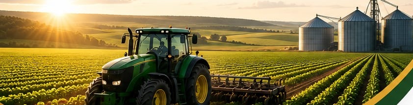 Trator com grade de discos em lavoura irrigada ao entardecer, com silos ao fundo